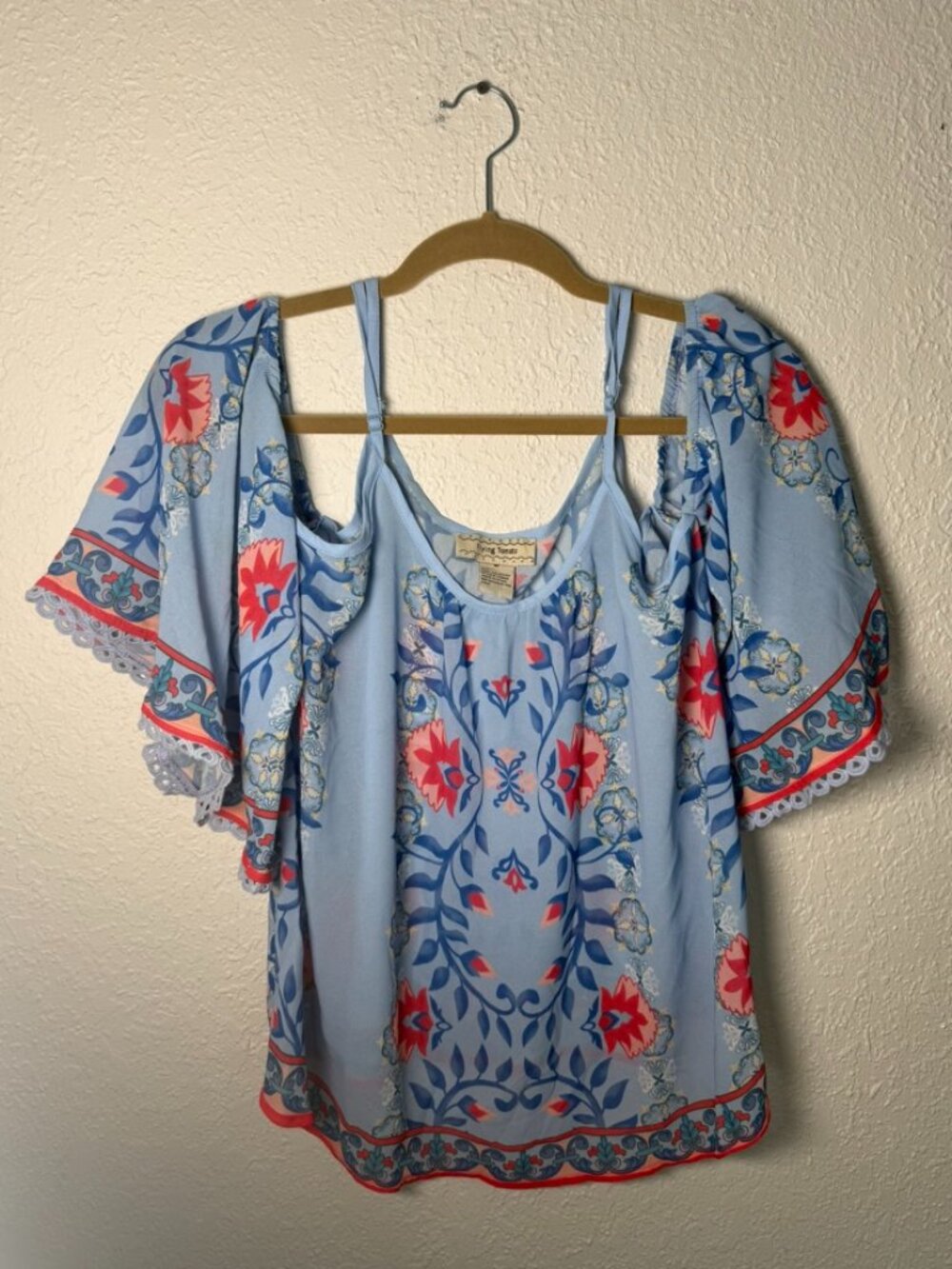 Flying Tomato Blue Floral Cold Shoulder Boho Blouse Flutter Sleeve Top Size M